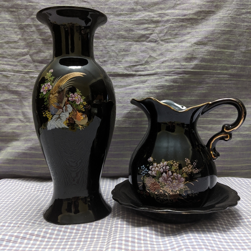 Beautiful black painted vases with lovely scene
